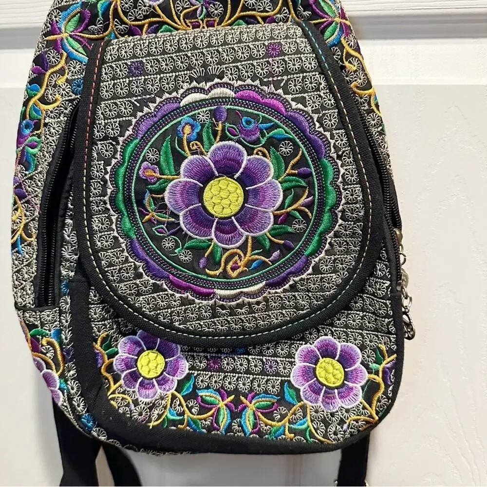 Floral Embroided Backpack Boho Bohemian Black Purple Mexican